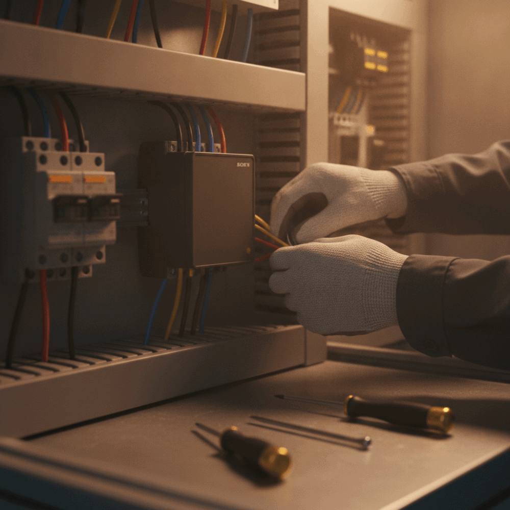 Technicien installant un sous-compteur électrique sur tableau dans local technique de bâtiment tertiaire