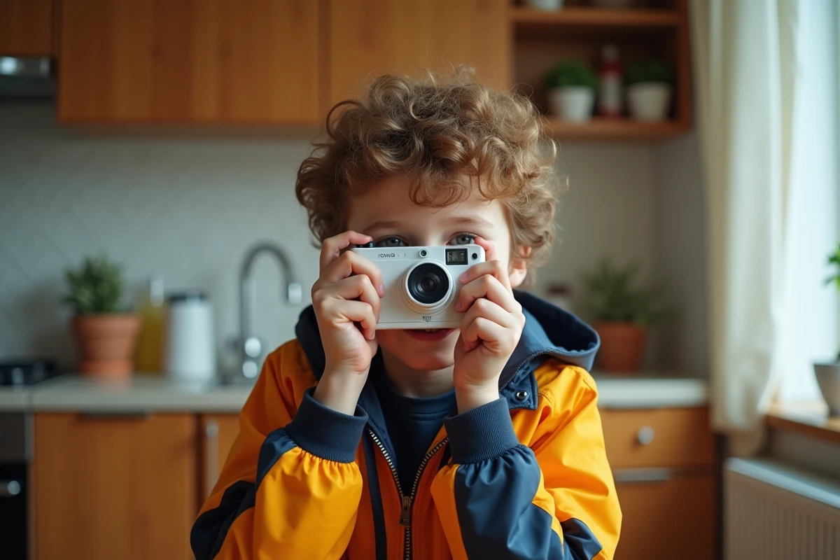 Adolescent riant en prenant une photo en cuisine