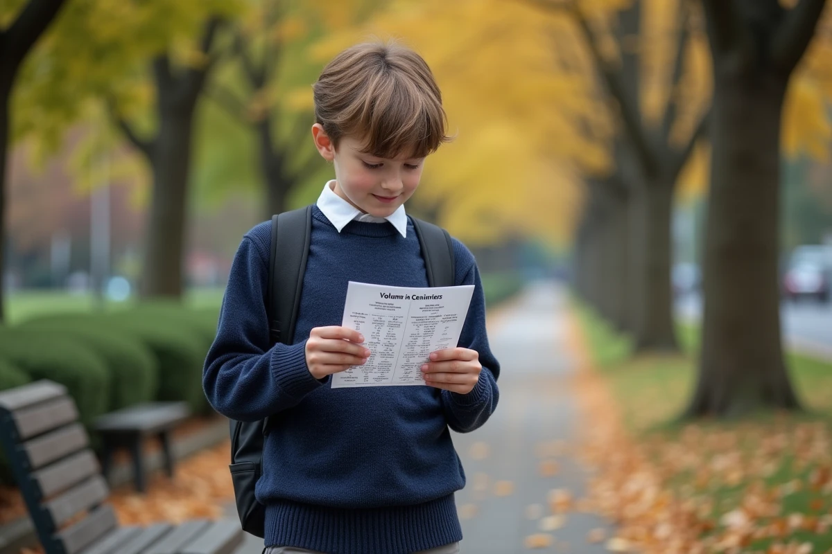 Adolescent en parc révise un tableau de conversion volume