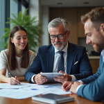 Agent immobilier montrant des graphiques de prix à un couple