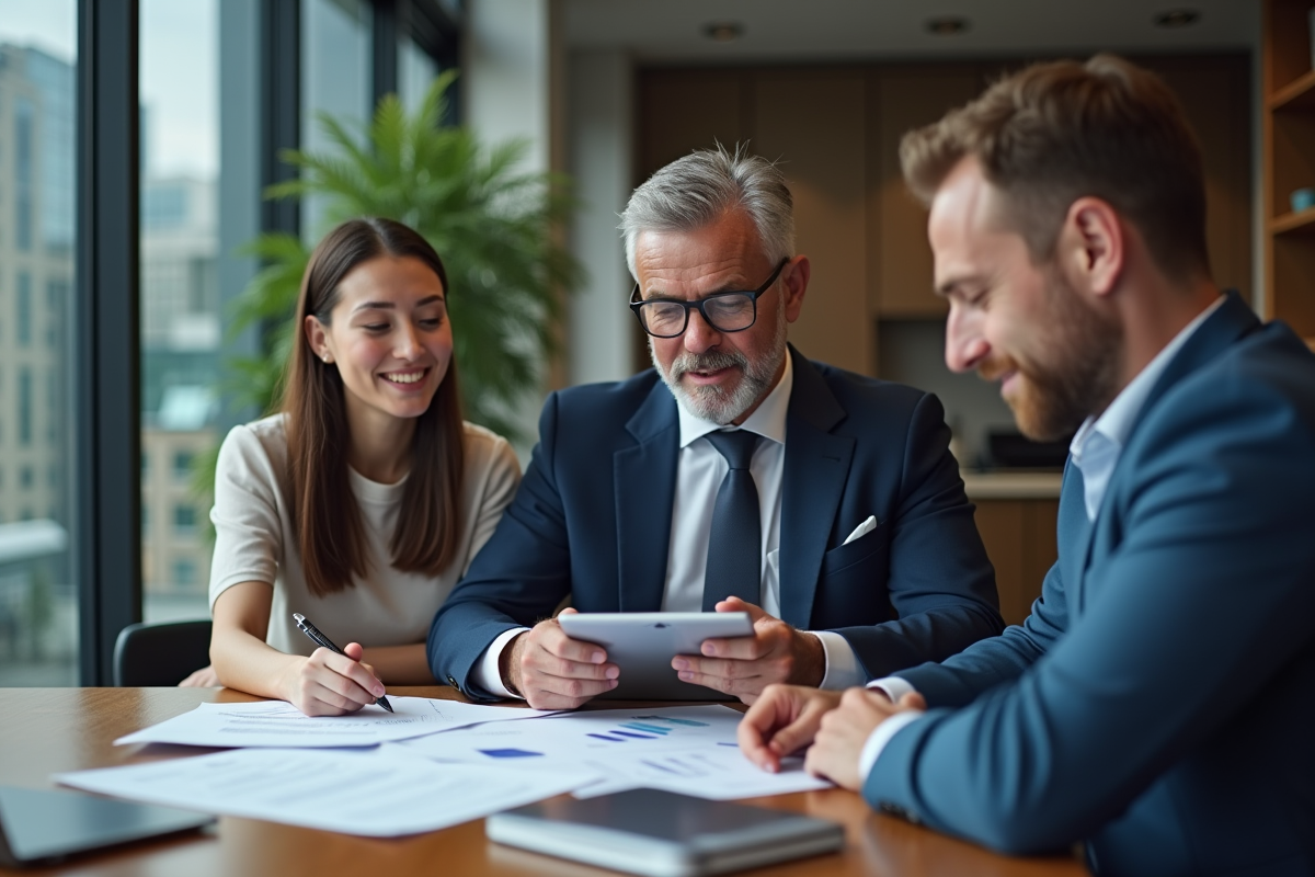 Agent immobilier montrant des graphiques de prix à un couple