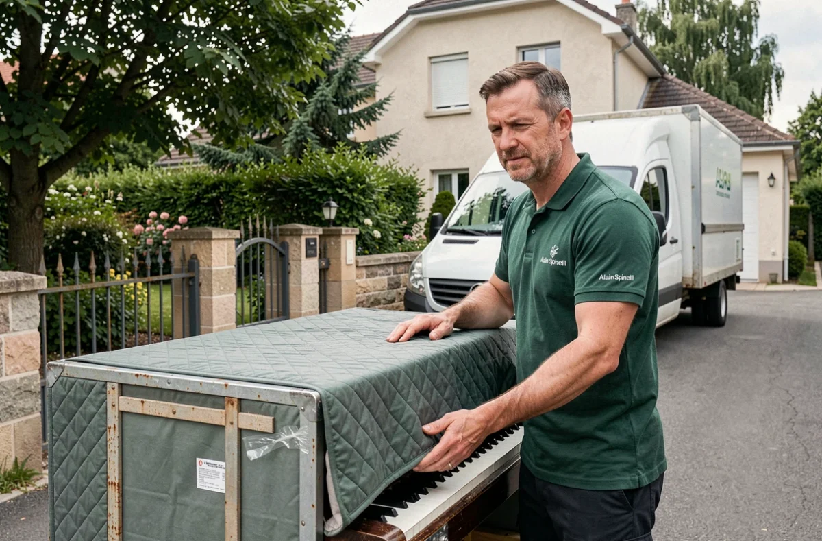Chef d'équipe Alain Spinelli supervisant le chargement d'un piano devant une maison résidentielle dans le Val-de-Marne