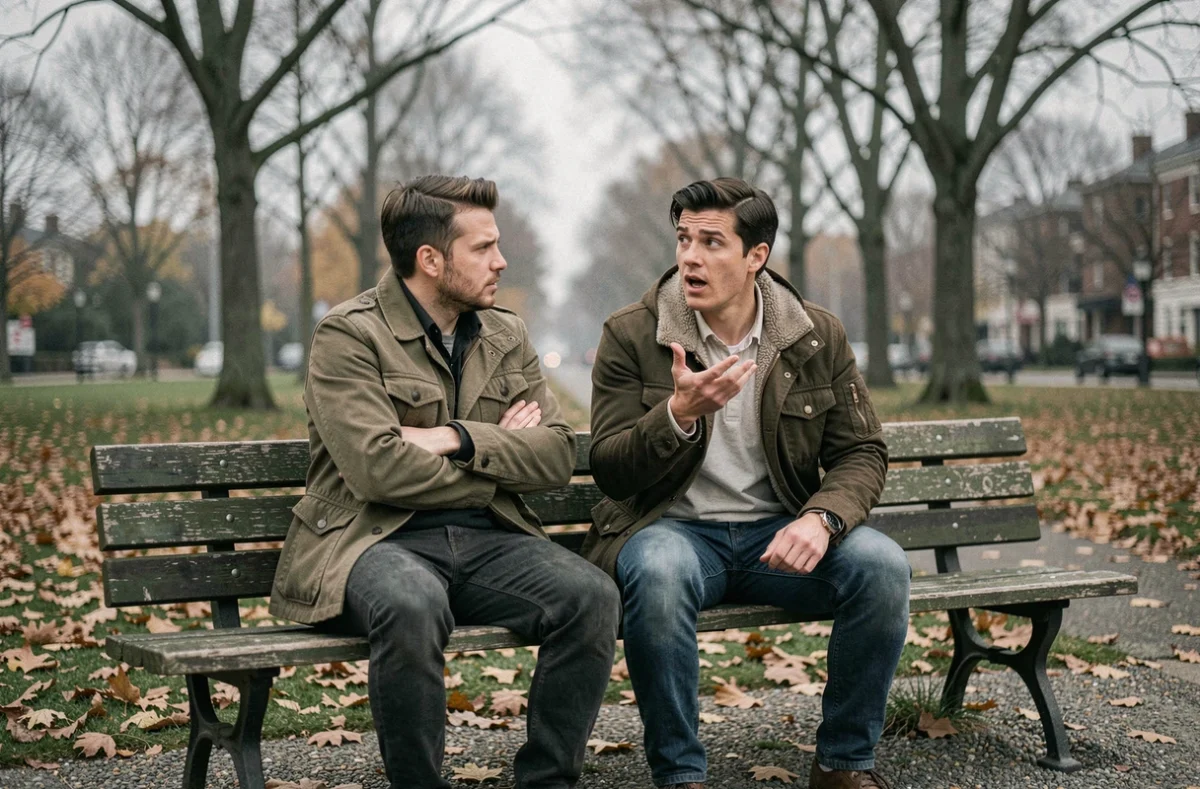 Deux amis sur un banc de parc avec un langage corporel distant, symbolisant une amitié douteuse et des liens superficiels
