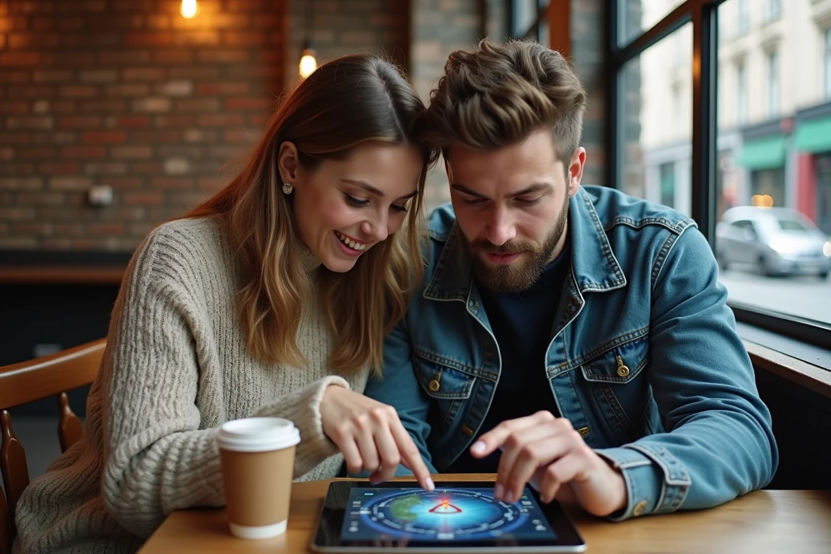 Deux amis consultant une tablette avec l'interface Dofus Portail pour planifier une chasse au trésor ensemble dans un café