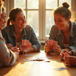 Quatre amis jouent aux cartes autour d'une table ensoleillée