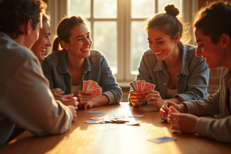 Quatre amis jouent aux cartes autour d'une table ensoleillée