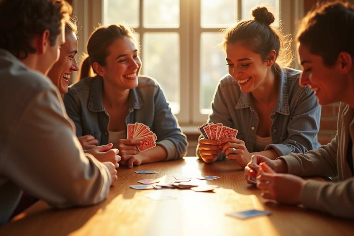 Quatre amis jouent aux cartes autour d'une table ensoleillée