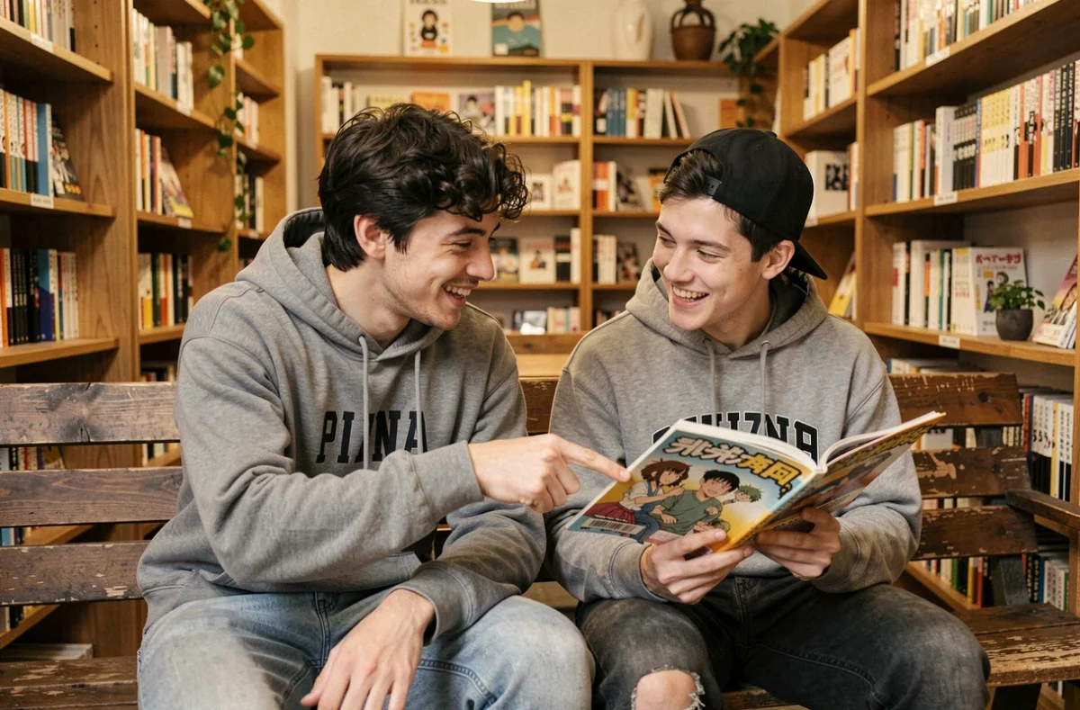 Deux amis discutant d'un manga isekai goblin dans un café manga sans se divulgâcher l'intrigue