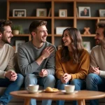 Groupe d'amis souriants dans un salon chaleureux