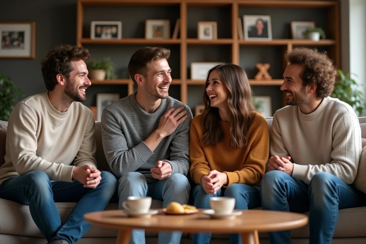 Groupe d'amis souriants dans un salon chaleureux