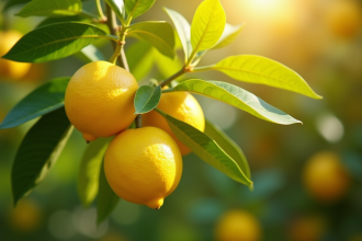 Arbre citronnier en plein soleil avec feuilles jaunes et vertes