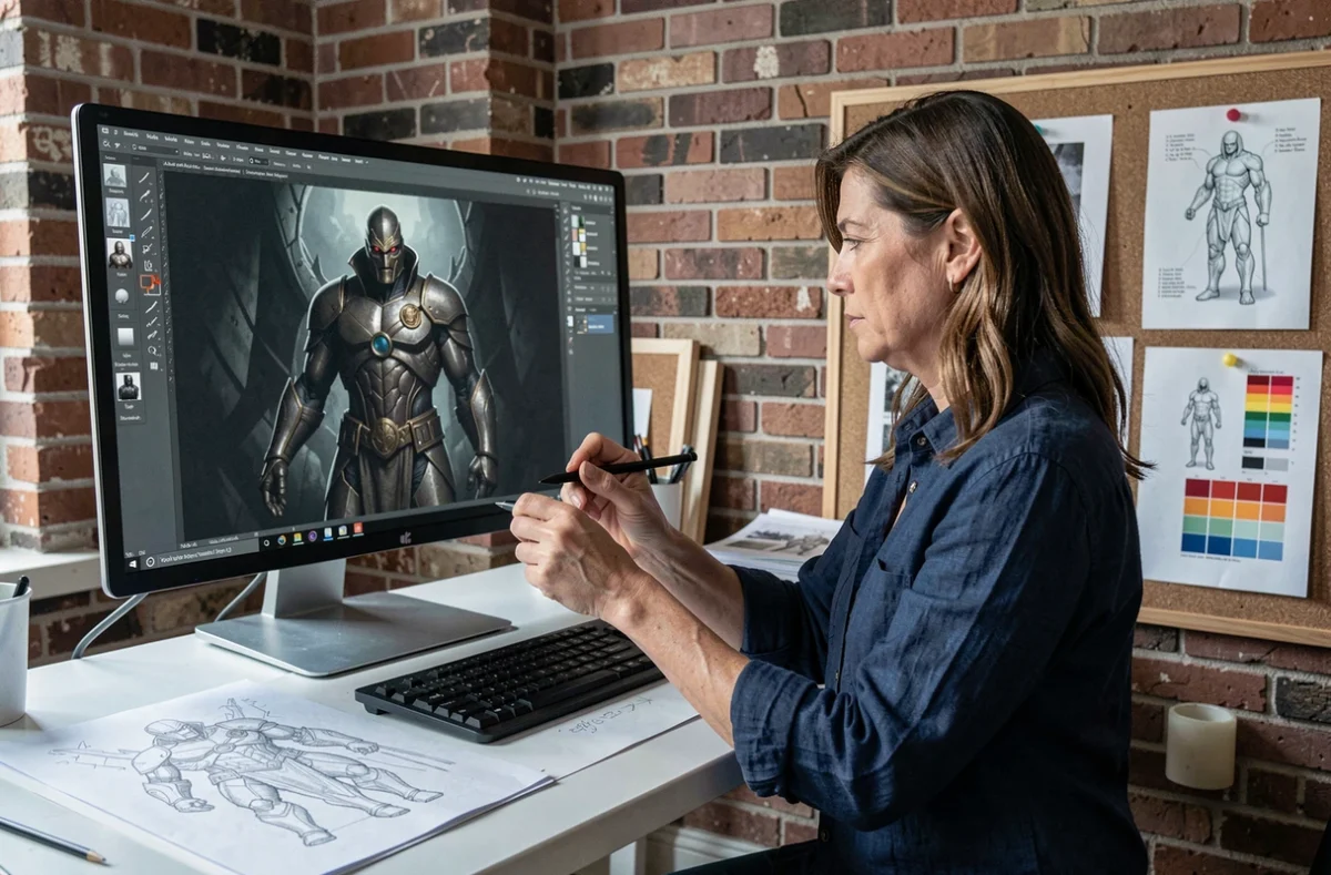 Artiste conceptuelle travaillant sur une illustration numérique de Victor von Doom dans un studio créatif moderne