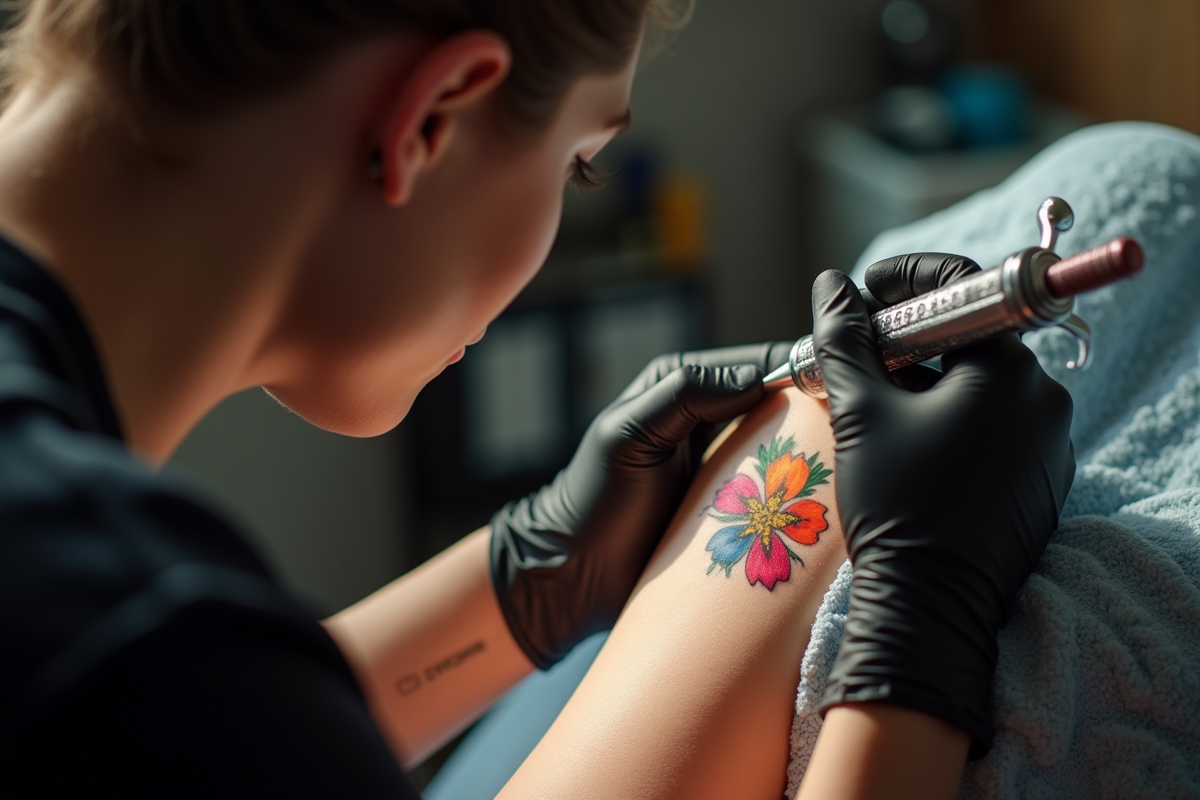Artiste en train de tatouer une fleur colorée sur le bras
