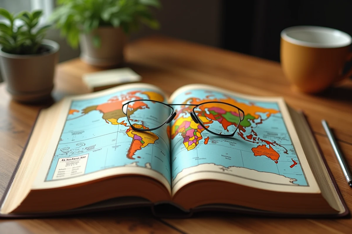Atlas vintage ouvert montrant des statistiques de superficie des pays indépendants avec annotations manuscrites
