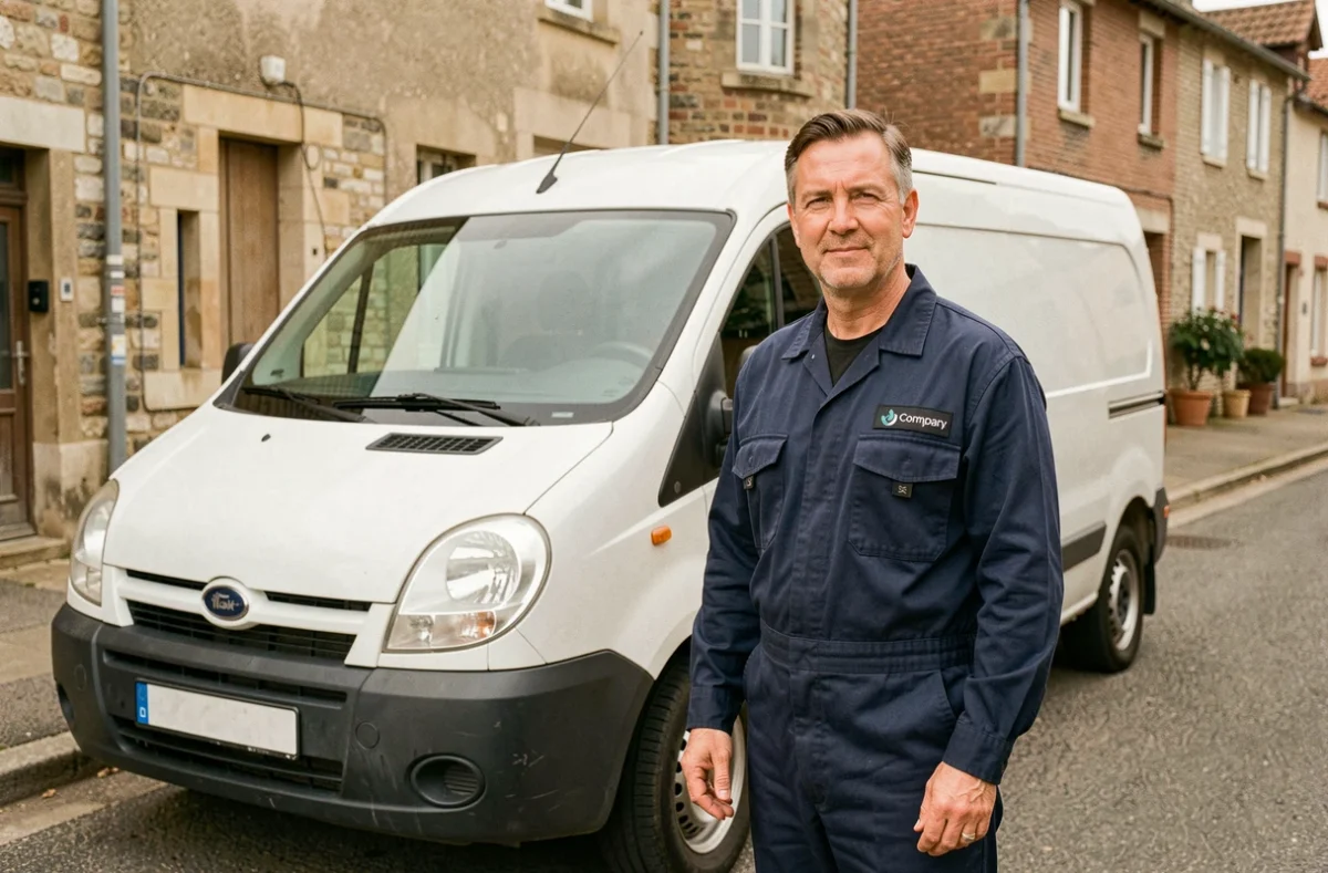 Artisan électricien d'Aubert Électricité posant devant son véhicule de service dans une rue résidentielle de Caen, illustrant un électricien indépendant implanté localement