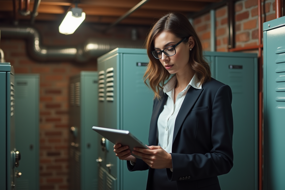 Auditrice énergie vérifiant un système de chauffage dans une cave