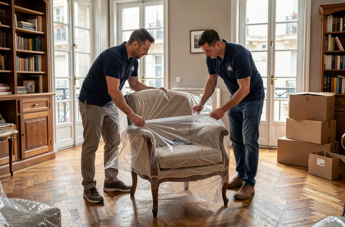 Déménageurs Aux Bons Déménageurs emballant soigneusement des meubles dans un appartement parisien