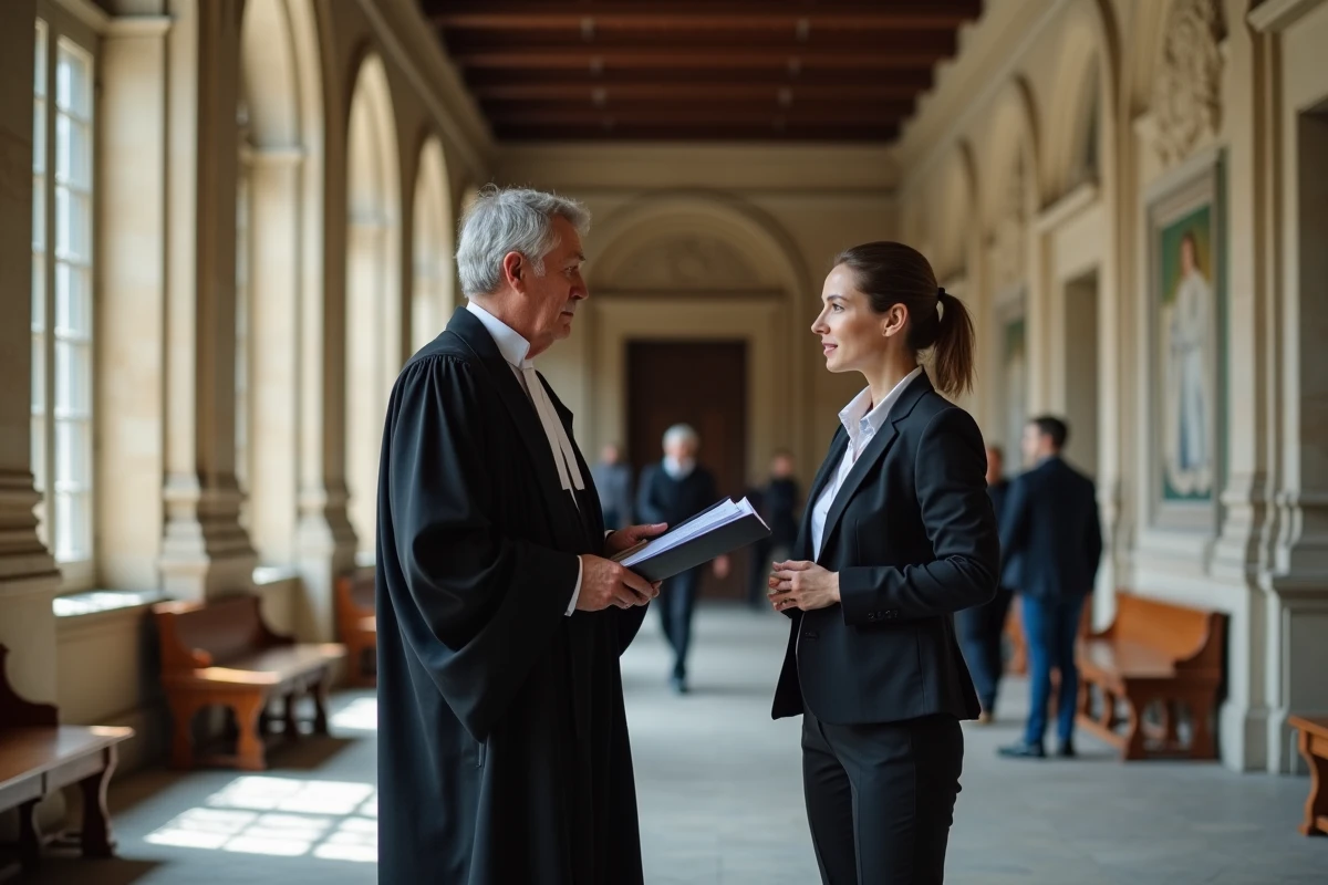 Avocat en robe et sa cliente discutant des conséquences d'un déboutement dans le couloir d'un palais de justice français
