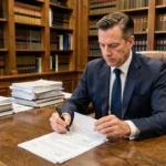 Avocat en costume marine révisant un contrat juridique à son bureau dans un cabinet d'avocats, illustrant la caducité des clauses essentielles en droit civil