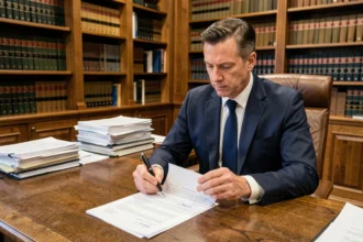 Avocat en costume marine révisant un contrat juridique à son bureau dans un cabinet d'avocats, illustrant la caducité des clauses essentielles en droit civil