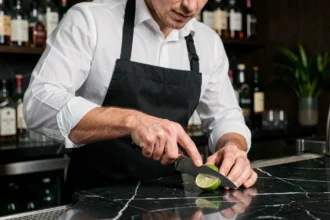 Barman professionnel découpant un citron vert frais sur un comptoir en marbre noir dans un bar premium