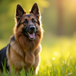 Chien berger allemand à poil long dans une prairie ensoleillée