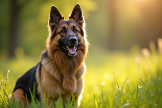 Chien berger allemand à poil long dans une prairie ensoleillée