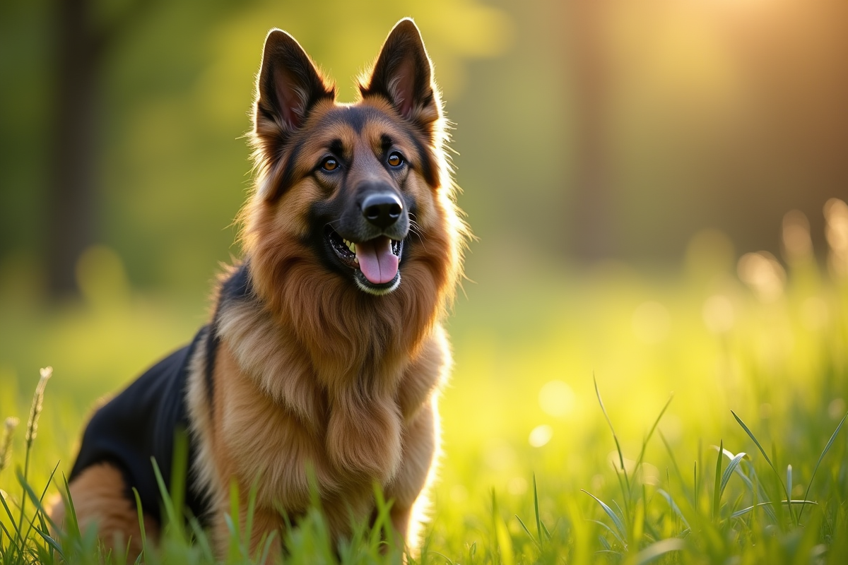 Chien berger allemand à poil long dans une prairie ensoleillée