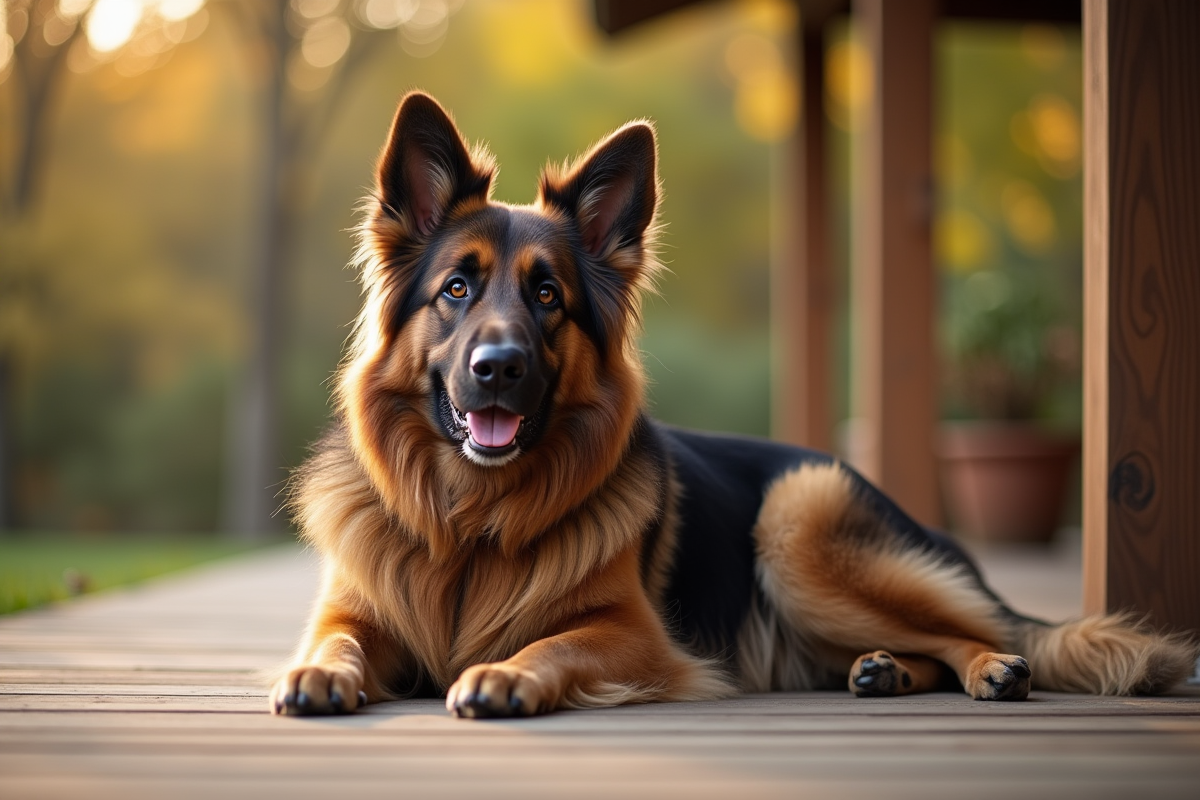Berger allemand à poil long allongé sur une terrasse en bois
