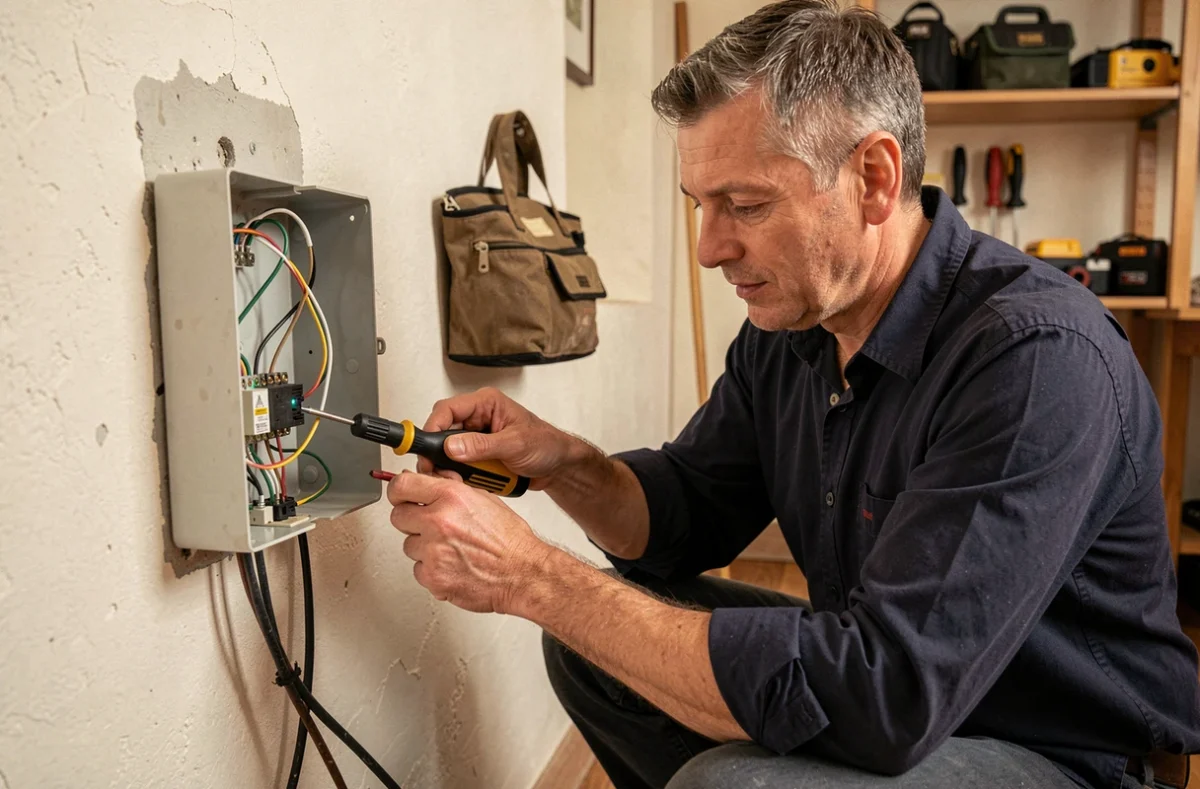 Artisan électricien de BG Électricité connectant des fils dans un boîtier électrique mural d'une maison individuelle à Caen, illustrant le travail artisanal de proximité