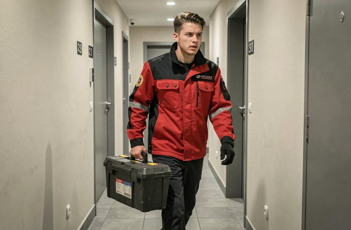 Électricien des Bons Artisans Caen se déplaçant rapidement dans un couloir d'immeuble avec sa caisse à outils, illustrant le service de dépannage électrique à intervention rapide