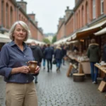 Femme parcourant les étals d'une grande braderie en plein air dans le Nord de la France, rue pavée animée avec marchés et bâtiments en brique flamande