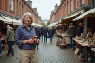 Femme parcourant les étals d'une grande braderie en plein air dans le Nord de la France, rue pavée animée avec marchés et bâtiments en brique flamande