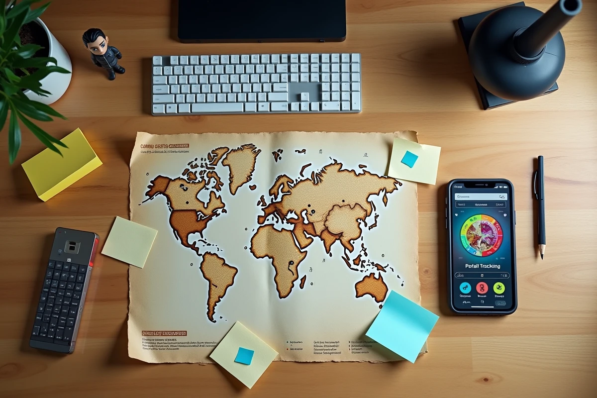 Vue aérienne d'un bureau avec une carte annotée du monde Dofus, un smartphone affichant l'outil de suivi des portails et des notes de chasse au trésor
