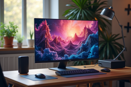 Espace de travail moderne avec moniteur 2160p UHD lumineux