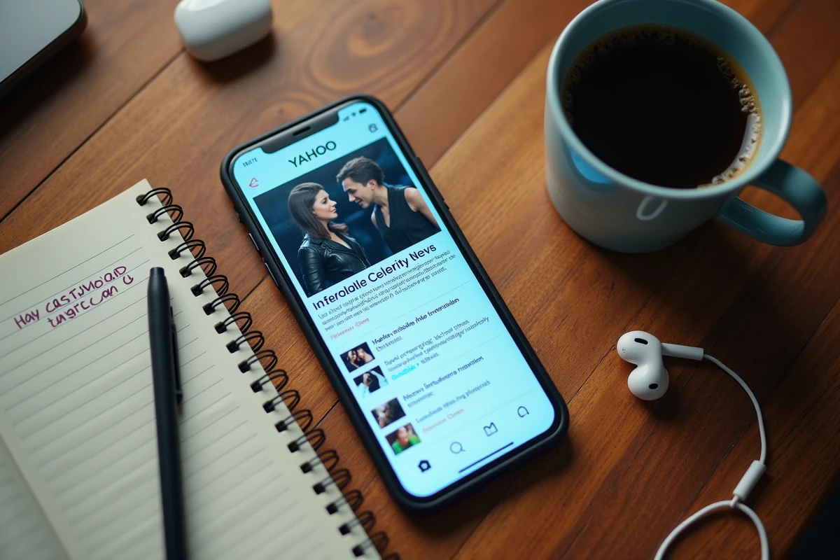 Vue aérienne d'un bureau avec smartphone affichant l'actualité people Yahoo et notes sur les buzz du web