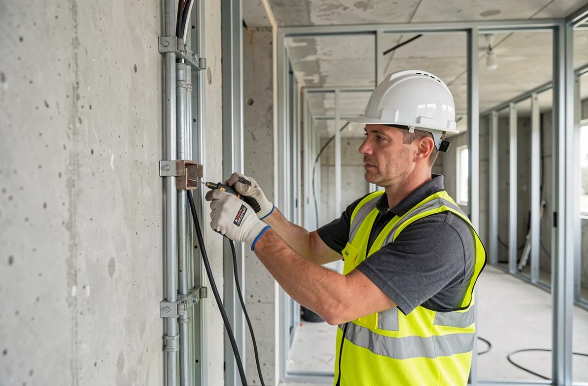Électricien de Caen Élec Services installant des conduits dans un local commercial en construction, illustrant la spécialisation en installation électrique tous types de locaux