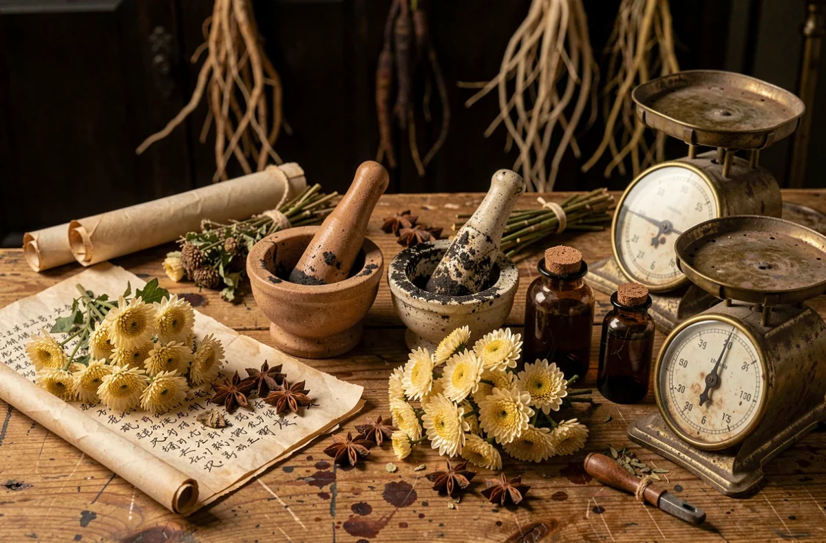 Plan rapproché d'un établi d'apothicaire ancien avec mortiers, fioles en verre ambré, herbes séchées et parchemins calligraphiés, esthétique sombre et détaillée évoquant l'univers du manga Mao Mao