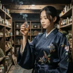 Jeune femme en robe traditionnelle dans une officine d'apothicaire ancienne remplie d'herbes médicinales et de fioles, ambiance sombre et mystérieuse inspirée du manga Les Carnets de l'Apothicaire