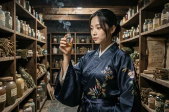 Jeune femme en robe traditionnelle dans une officine d'apothicaire ancienne remplie d'herbes médicinales et de fioles, ambiance sombre et mystérieuse inspirée du manga Les Carnets de l'Apothicaire