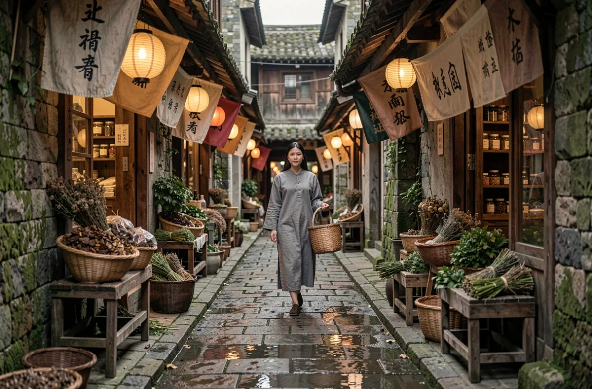 Ruelle pavée d'un marché asiatique ancien avec une silhouette féminine portant un panier devant une boutique d'apothicaire, lanternes en papier et herbes médicinales, atmosphère mélancolique et historique des Carnets de l'Apothicaire