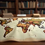 Grande carte physique du monde étalée sur une table en bois montrant les superficies des pays indépendants
