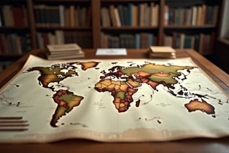 Grande carte physique du monde étalée sur une table en bois montrant les superficies des pays indépendants