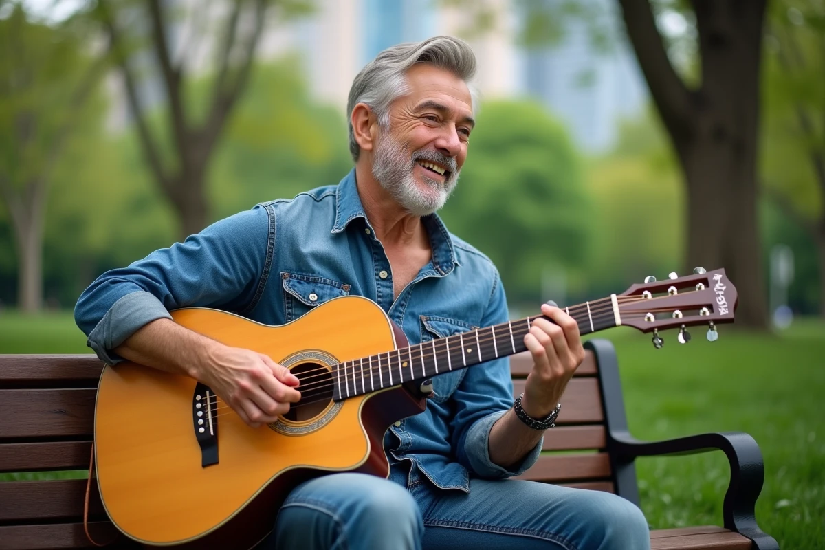 Chanteur mature jouant de la guitare dans un parc urbain