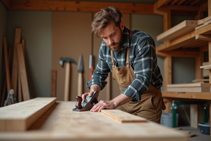 Jeune charpentier façonne un bois dans son atelier