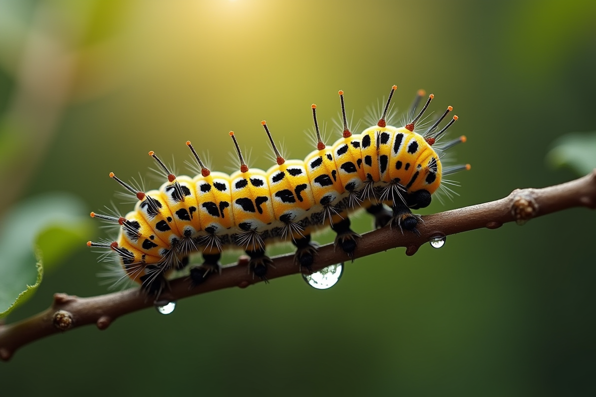 Chenille jaune et noire sortant de son cocon sur une branche