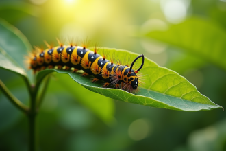 Chenille jaune et noire sur une feuille verte en plein jour
