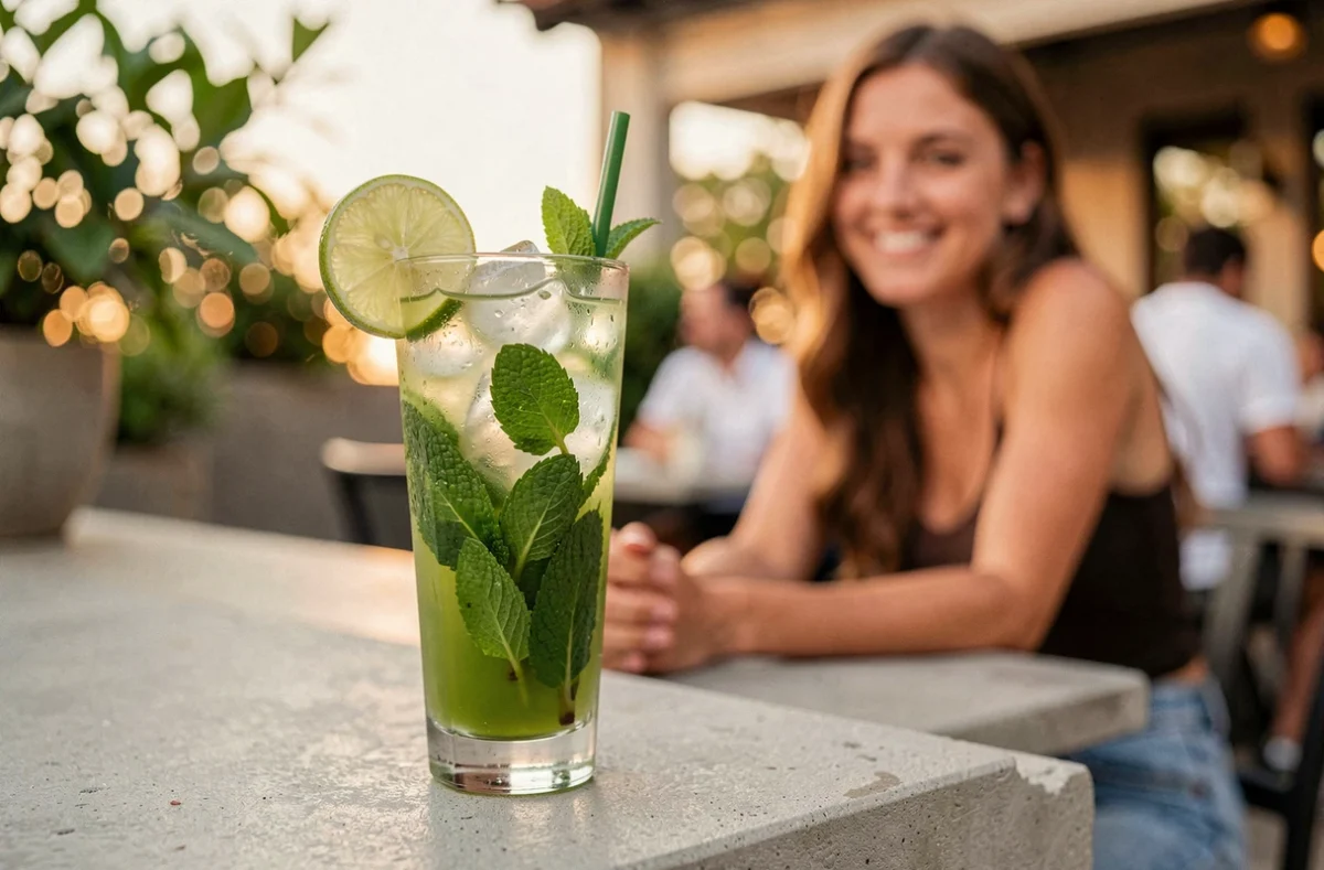 Cocktail mojito au citron vert avec glaçons pilés et menthe fraîche sur une terrasse de bar en plein air