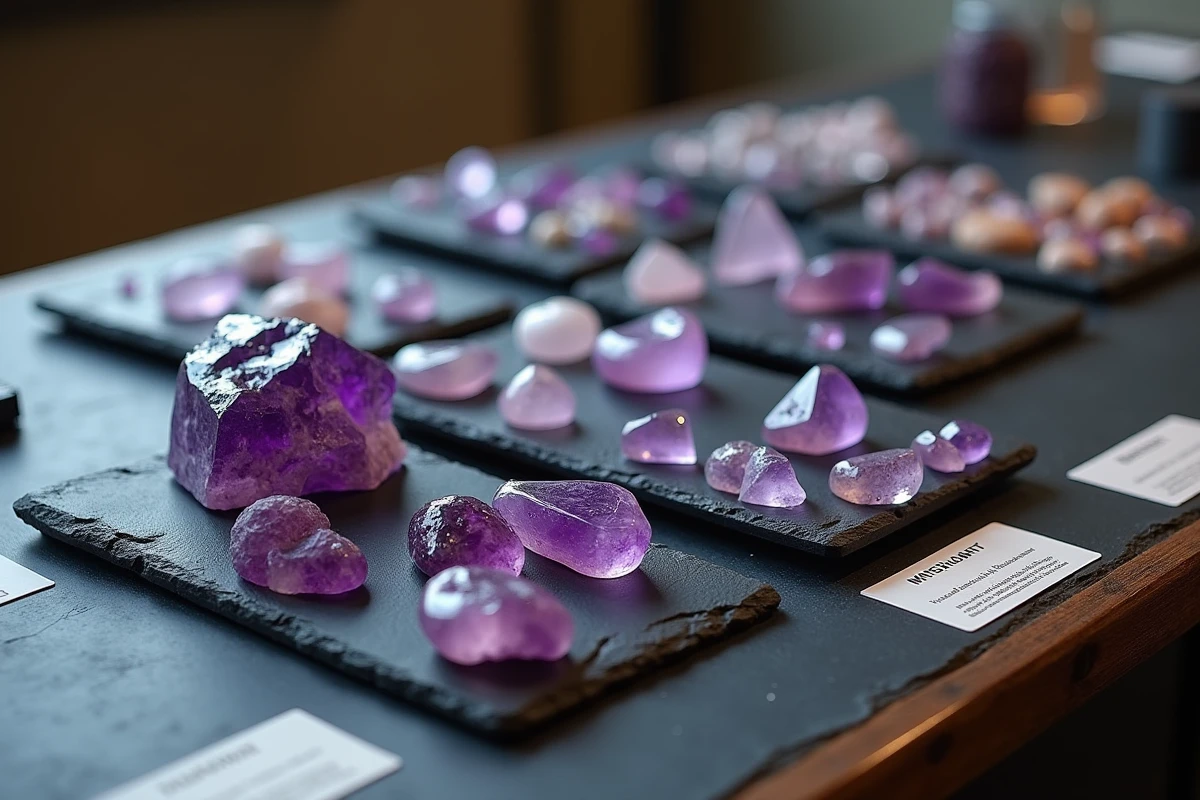 Collection de pierres violettes naturelles et synthétiques classées dans des plateaux d'identification avec étiquettes et règle, vue de dessus