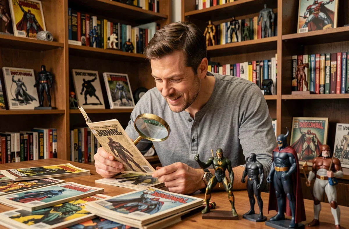Collectionneur passionné examinant des comics vintage de Doctor Doom à son bureau rempli de figurines Marvel